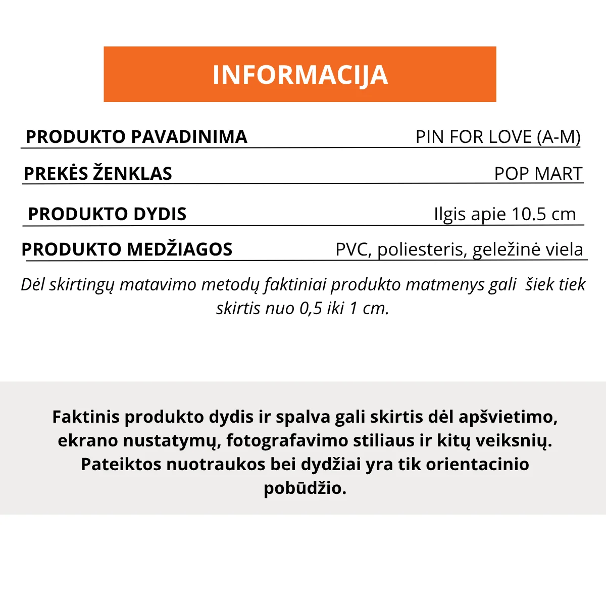 labubu pin for love produkto specifikacijos